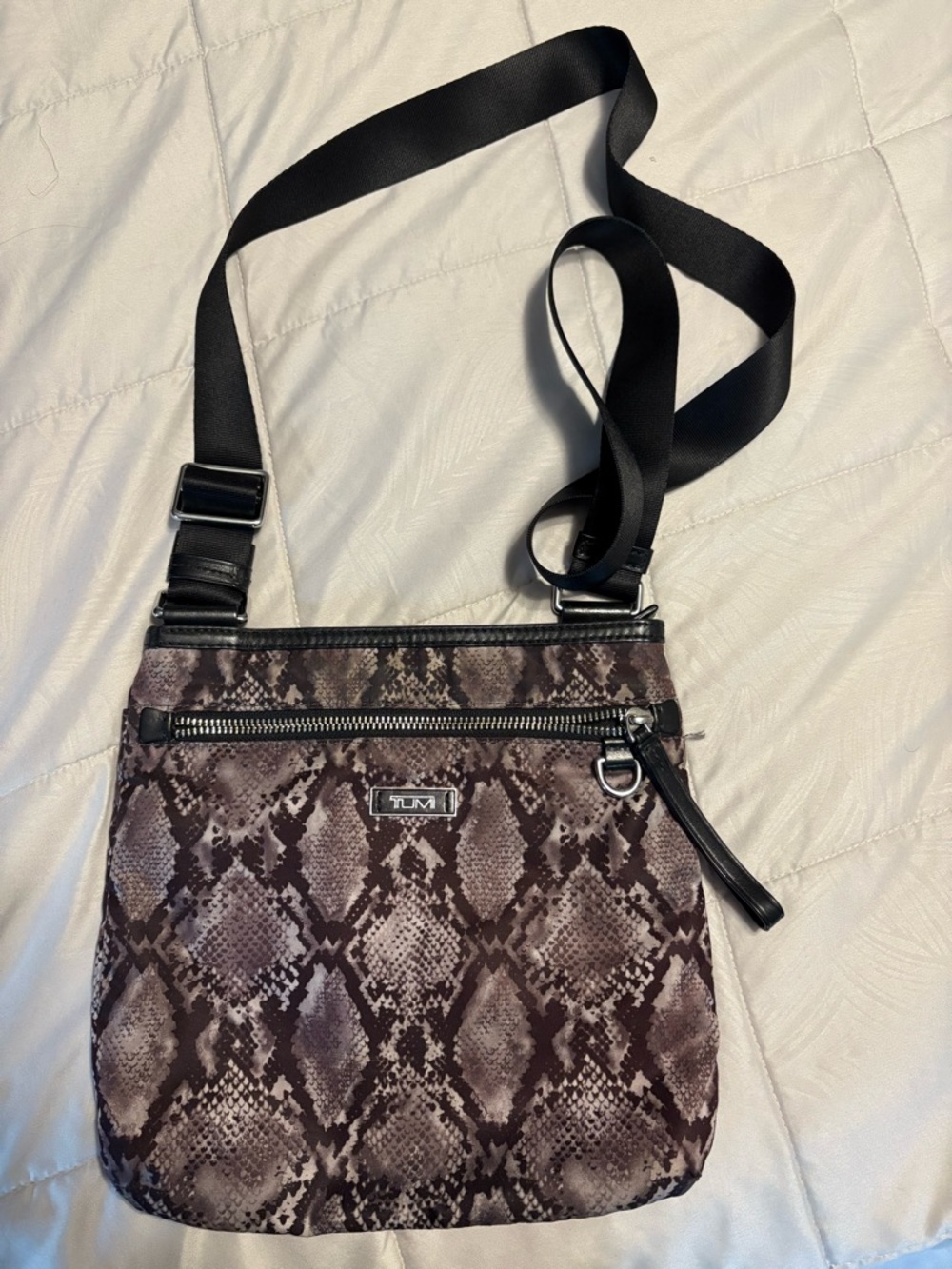 Tumi Snake-Print Crossbody Bag in Brown and Black